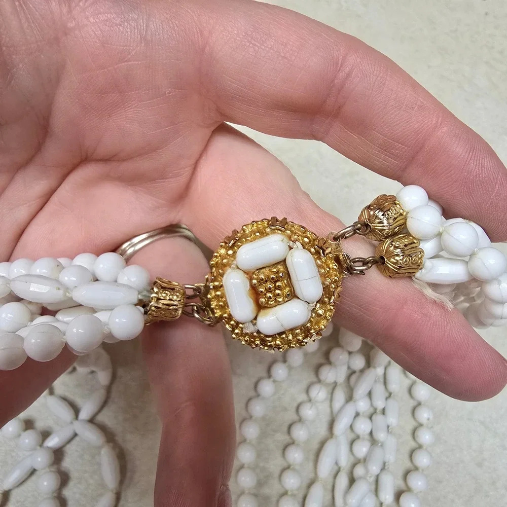 Vintage Milk Glass Multi Strand Necklace White Beaded 5 Row‎ Statement Gold Tone